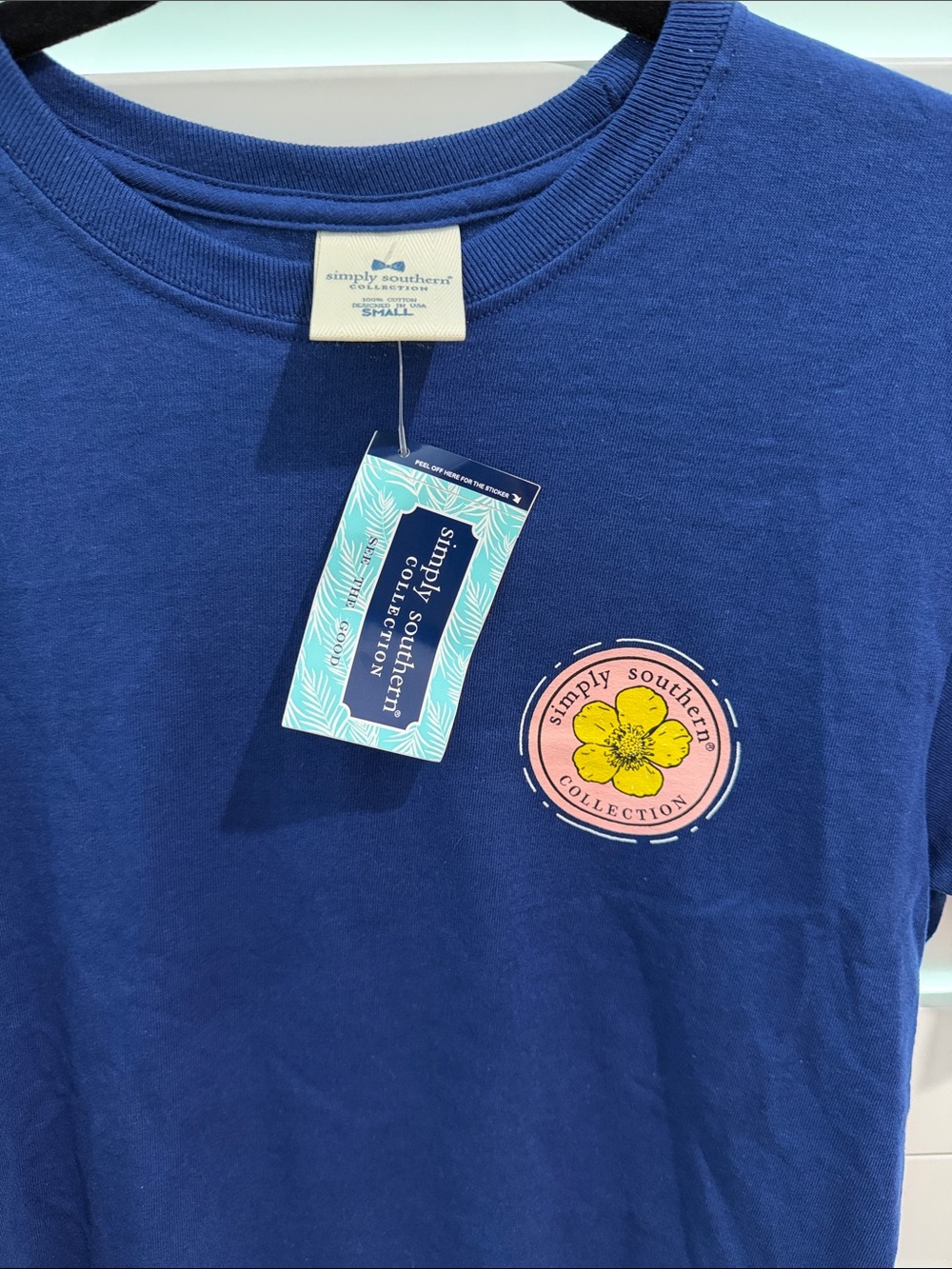 NWT Simply Southern Royal Blue Short Sleeve Tee with Floral Chest Patch-S